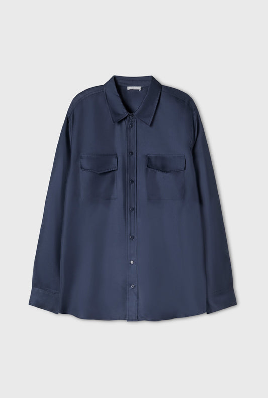 Silk Laundry Twill Boyfriend Shirt (Midnight)