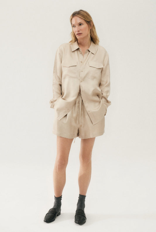 Image of a model wearing Tops. Productname: Silk Laundry TWILL BOYFRIEND SHIRT in Hazelnut colour by brand - Silk Laundry