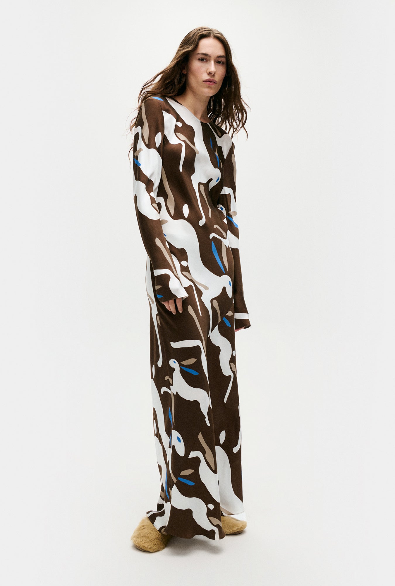 Image of Dresses. Product name - Full Sleeve Bias Dress Rabbit Dark Earth in Rabbit Dark Earth colour by brand - Silk Laundry