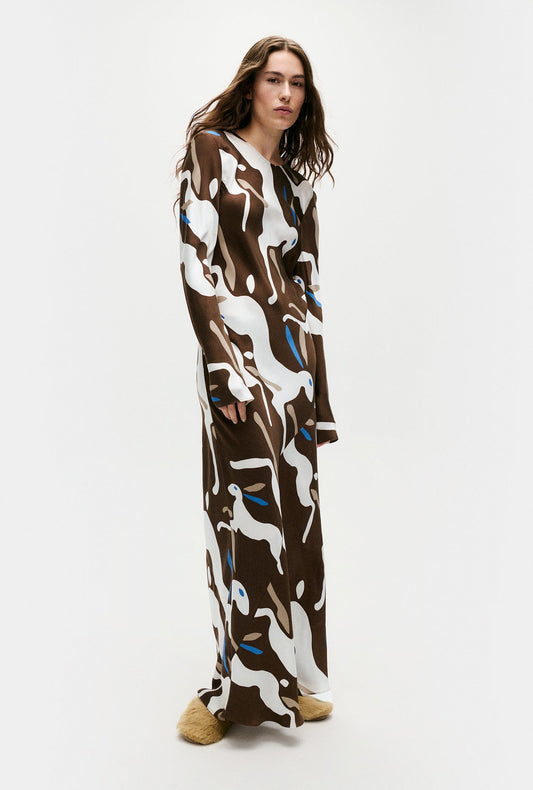 Image of Dresses. Product name - Full Sleeve Bias Dress Rabbit Dark Earth in Rabbit Dark Earth colour by brand - Silk Laundry