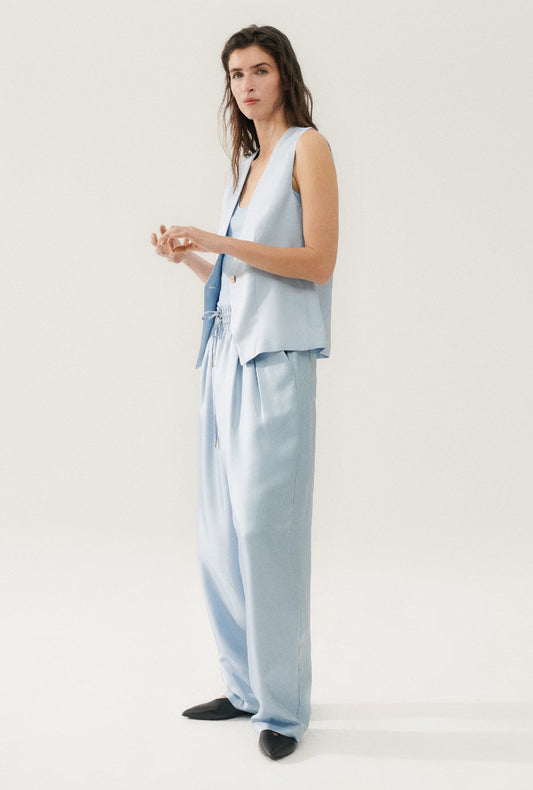 Image of Coats & Jackets. Product name - Twill Slouch Vest Sky in Sky colour by brand - Silk Laundry