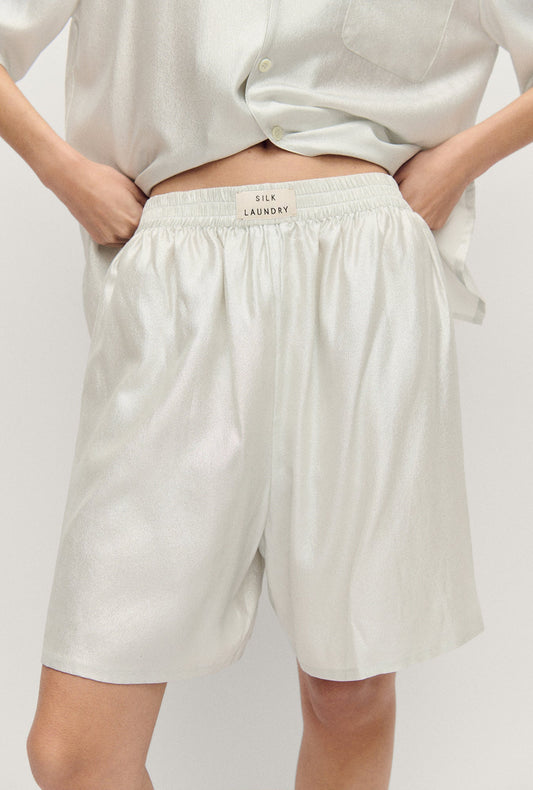 Image of a model wearing Shorts. Productname: Boxer Short Silver Foil in Silver Foil colour by brand - Silk Laundry