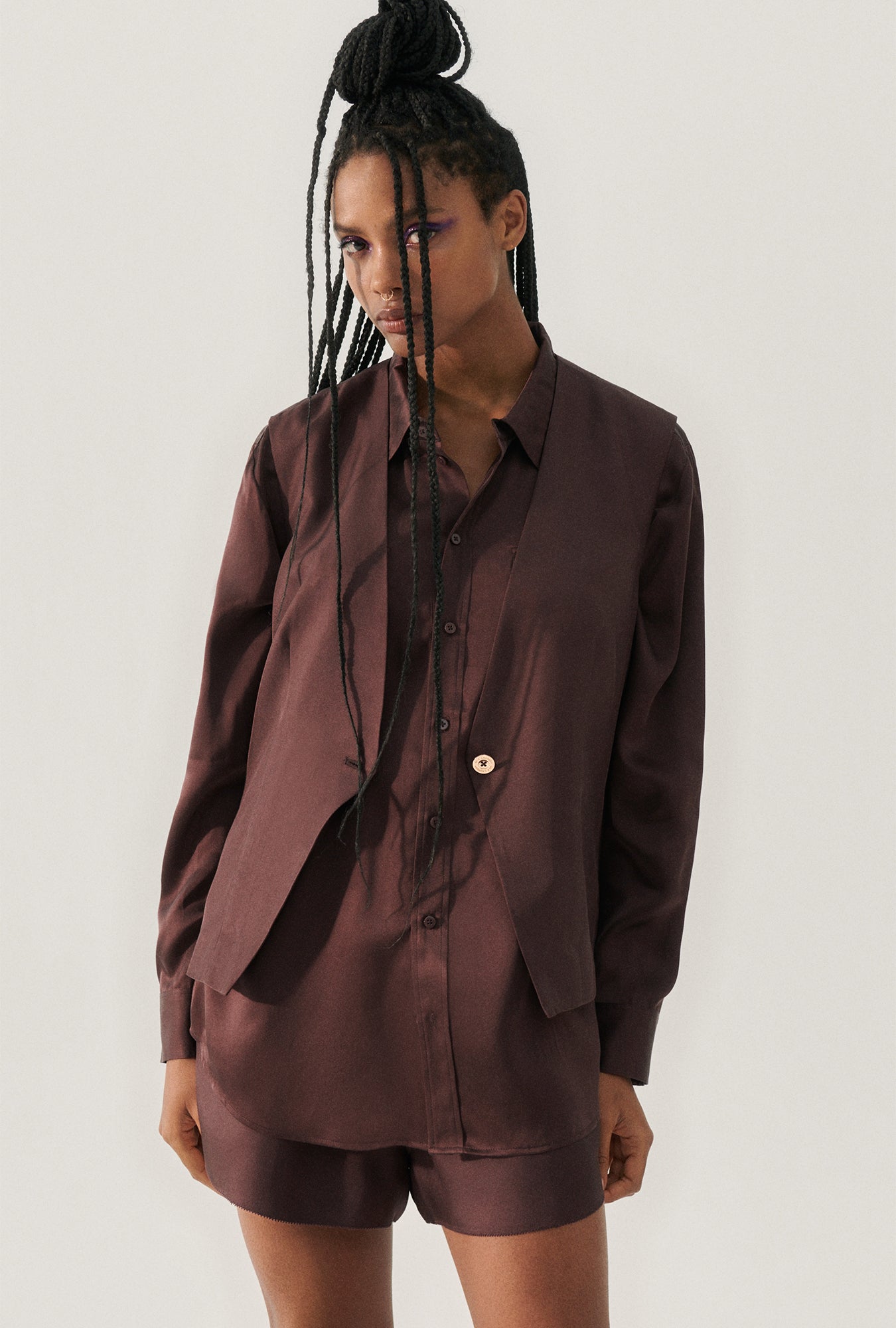 Image of Coats & Jackets. Product name - Twill Slouch Vest Cacao in Cacao colour by brand - Silk Laundry