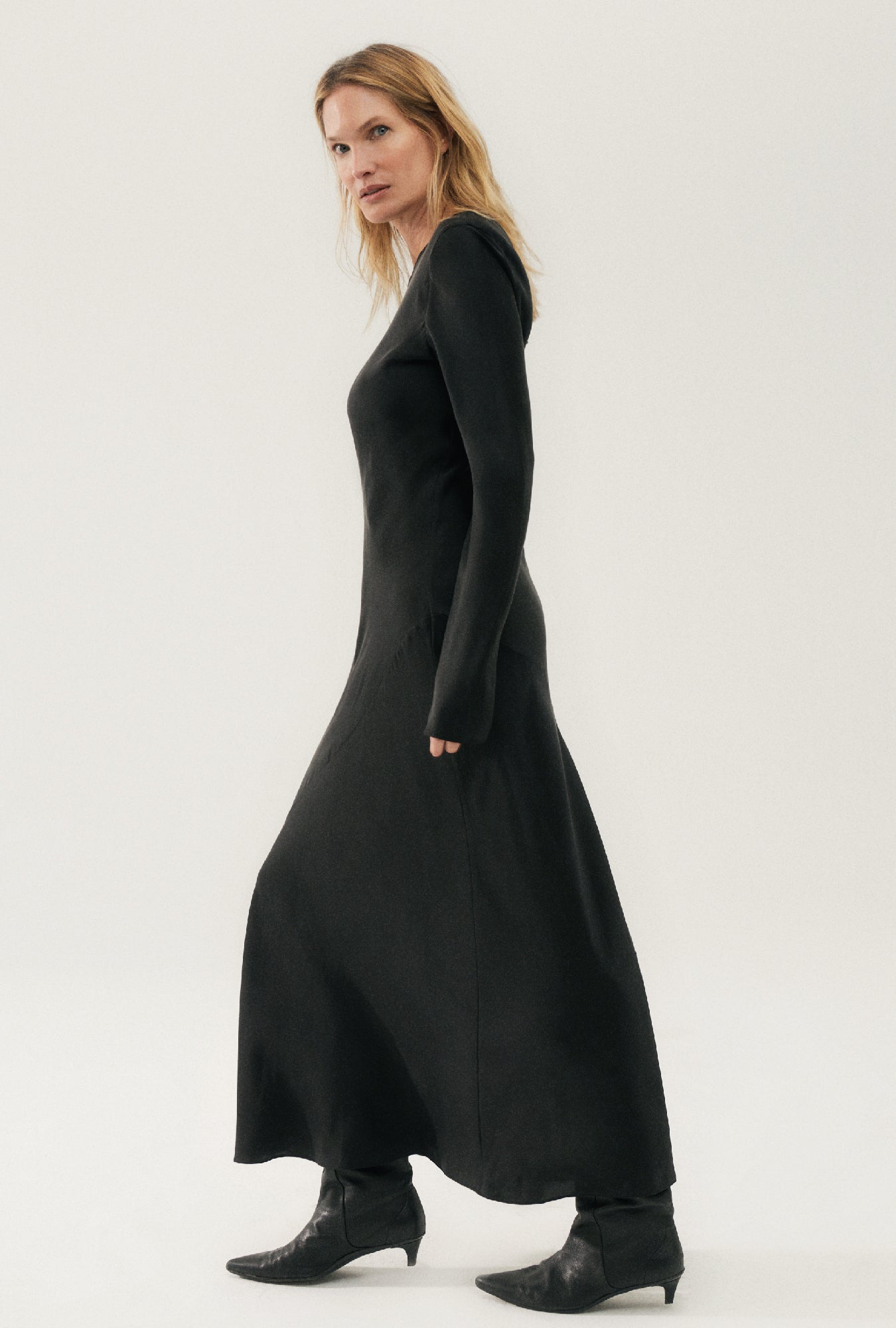 Silk Laundry Full Sleeve Bias Dress (Black)
