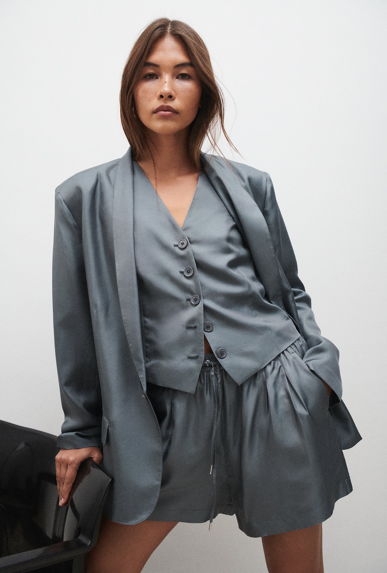 Image of Coats & Jackets. Product name - Twill Vest Slate in Slate colour by brand - Silk Laundry