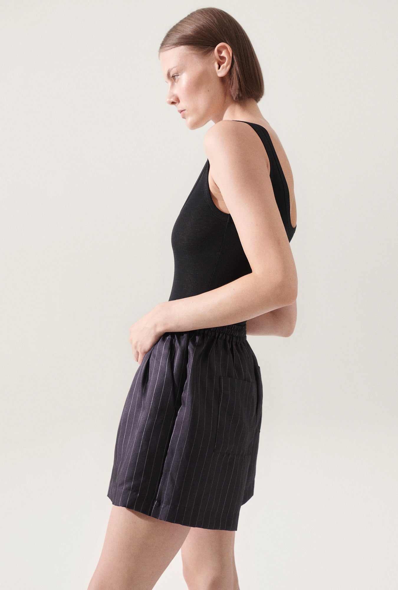 Silk Laundry Twill Slouch Shorts (Pinstripe Black/White)