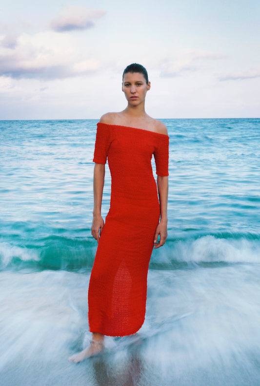 Image of Dresses. Productname: Pebble Off The Shoulder Dress Snapper in Snapper colour by brand - Silk Laundry