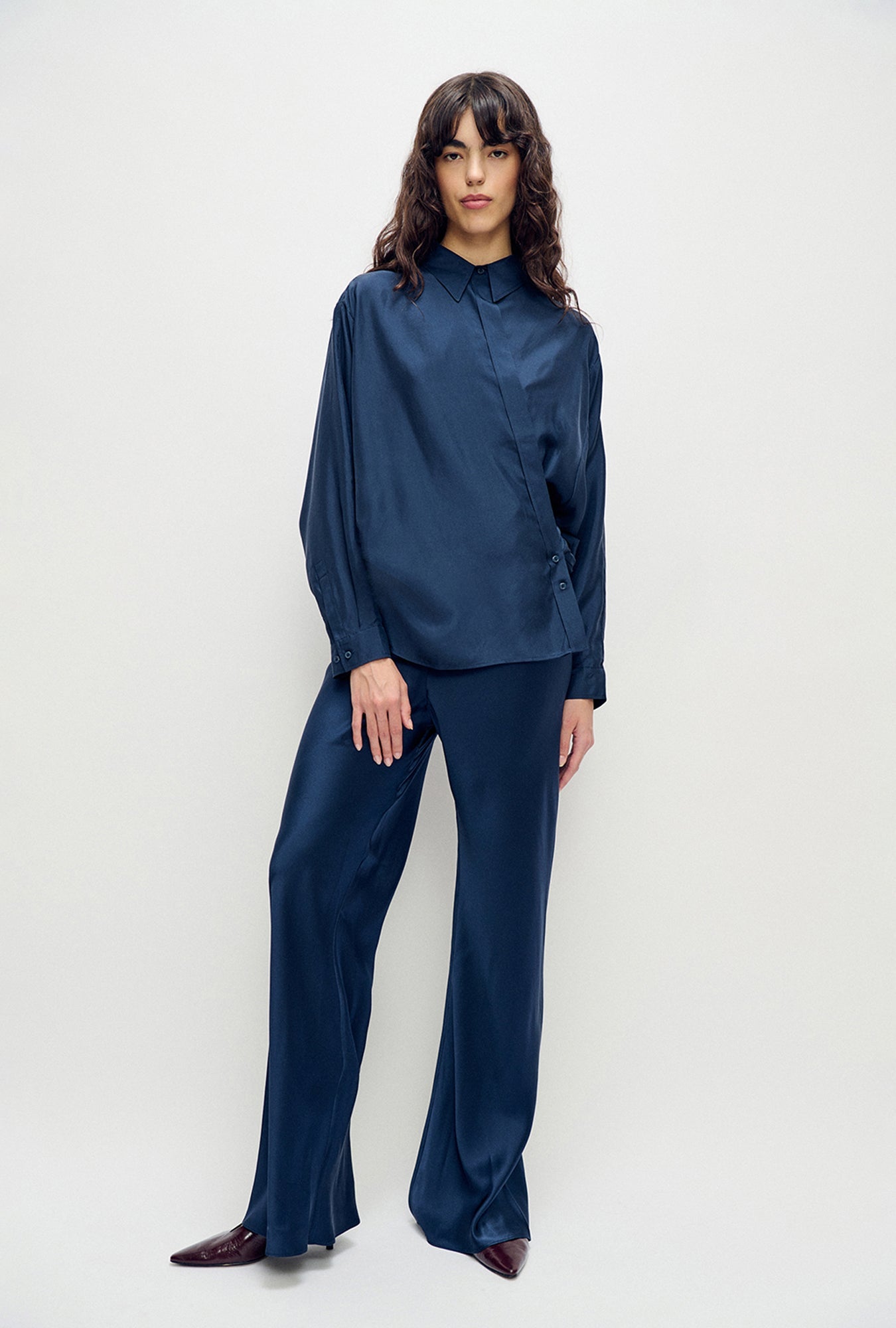 Image of Shirts. Product name - Habotai Crossover Shirt Midnight in Midnight colour by brand - Silk Laundry