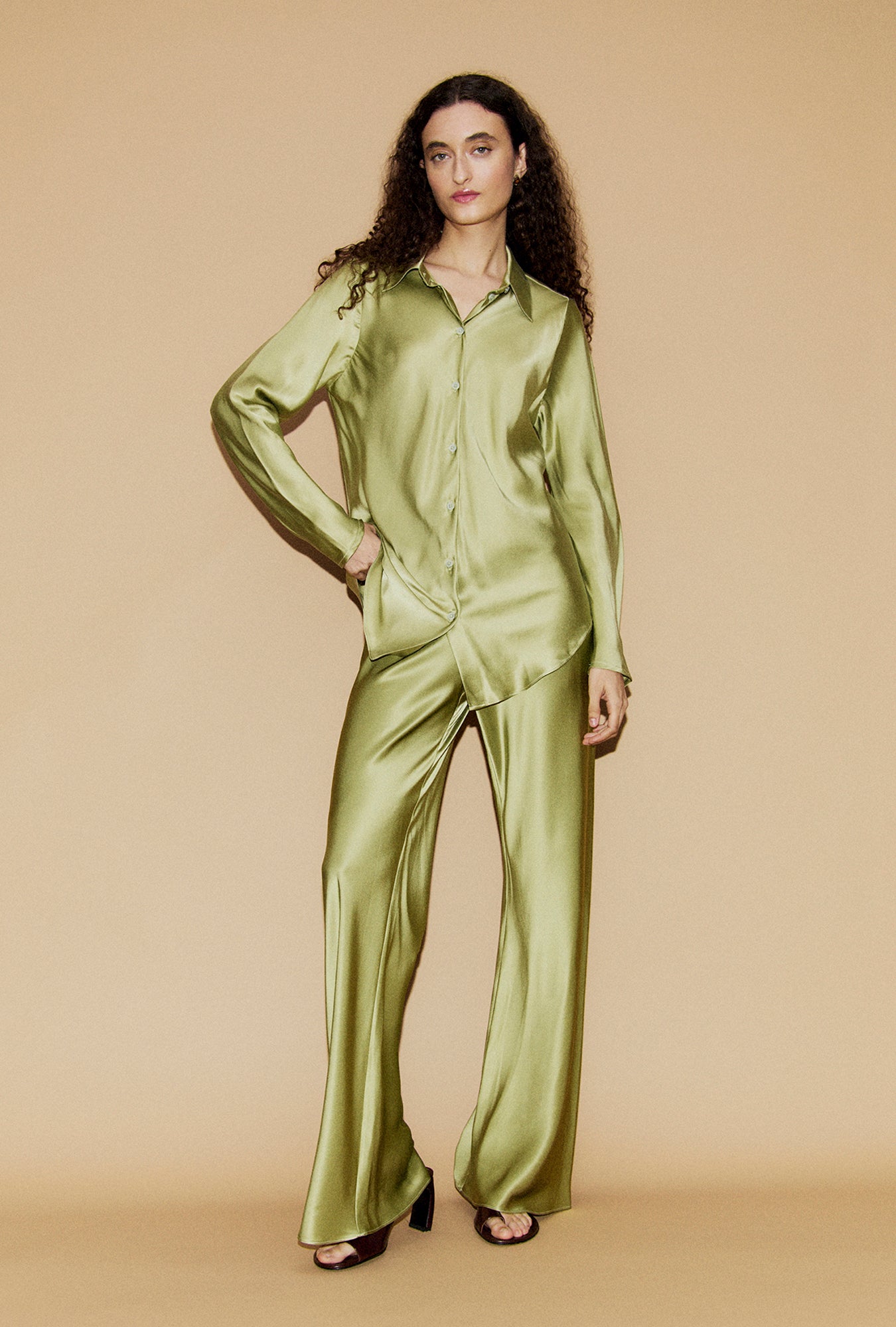 Image of Shirts. Product name - Bias Cut Shirt Sage in Sage colour by brand - Silk Laundry