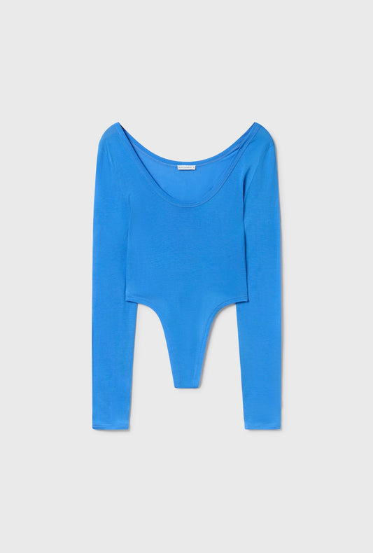 Image of a model wearing Tops. Productname: Silk Laundry CUTAWAY LONG SLEEVE BODYSUIT in Wave colour by brand - Silk Laundry