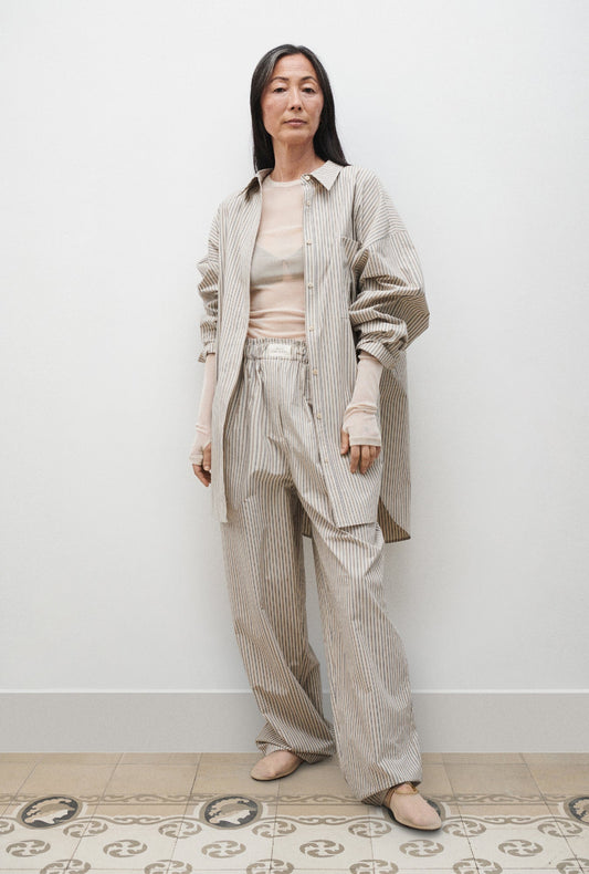 Image of a model wearing Tops. Productname: Silk Laundry COTTON ROUND SHIRT in Slate Stripe colour by brand - Silk Laundry