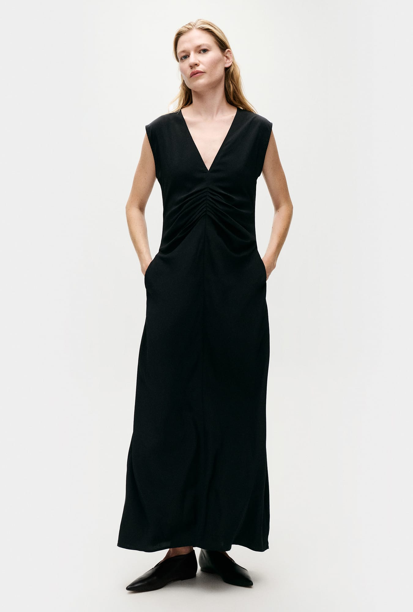 Image of Dresses. Product name - Habotai Pleated Dress Black in Black colour by brand - Silk Laundry