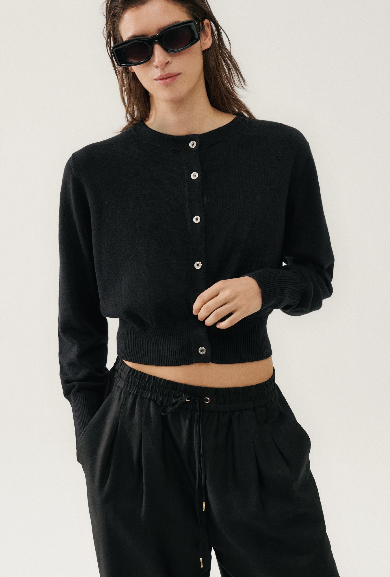 Image of Cardigans. Product name - Cropped Cardigan Black in Black colour by brand - Silk Laundry