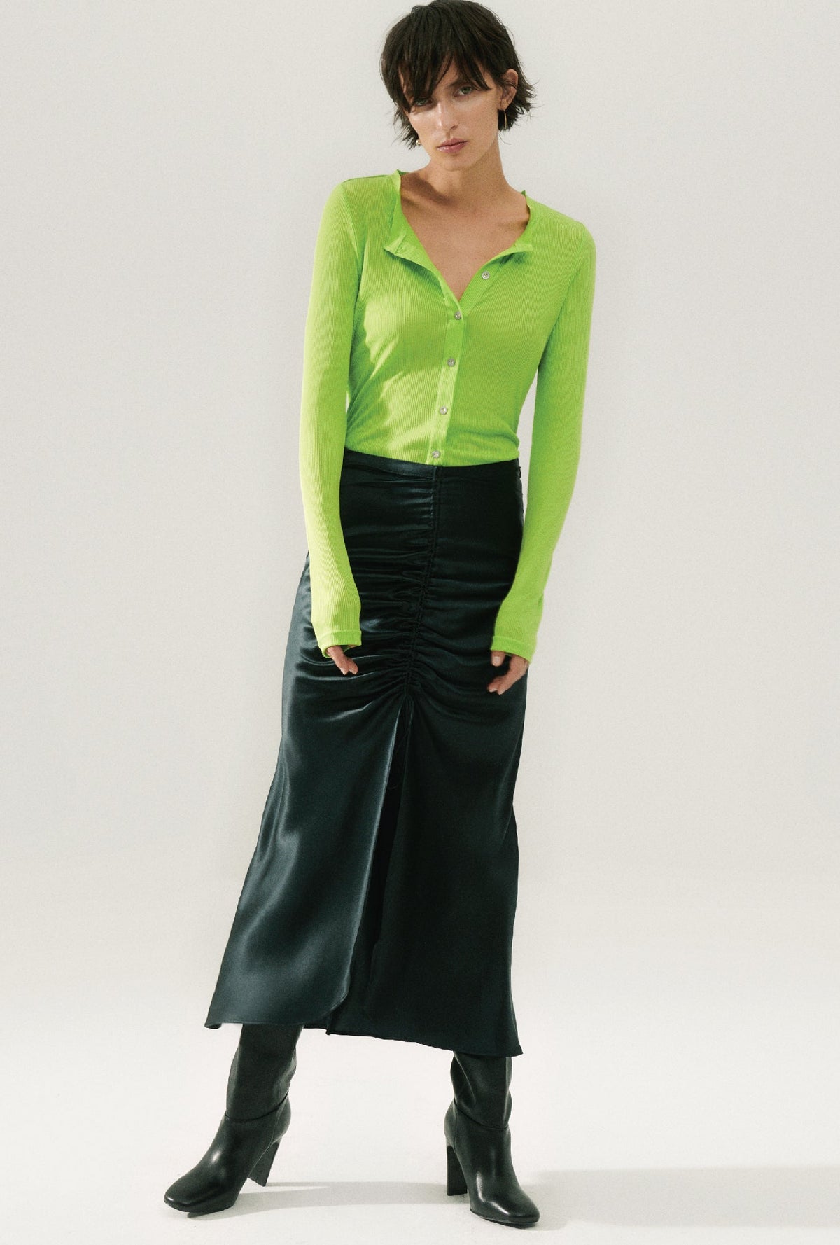 Image of Cardigans. Product name - Ribbed Kia Cardigan Fern in Fern colour by brand - Silk Laundry