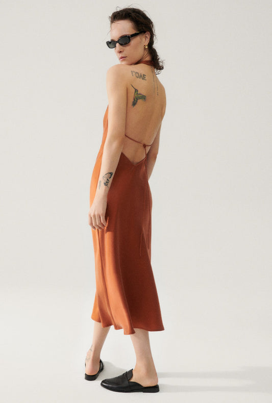 Image of a model wearing Tops. Productname: Halter Dress Umber in Umber colour by brand - Silk Laundry
