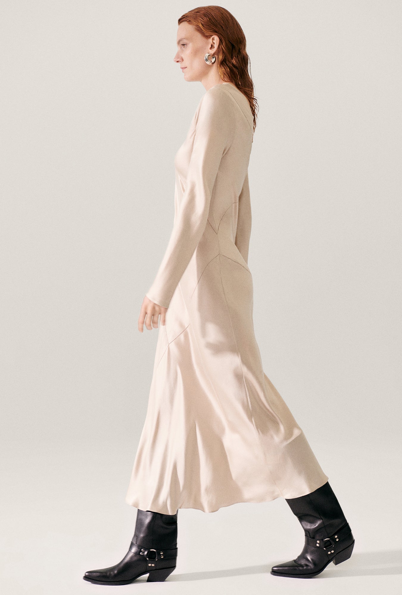Silk Laundry Splice Full Sleeve Bias Dress (Hazelnut)