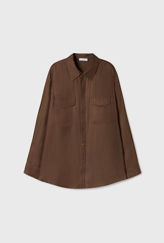 Silk Laundry Twill Boyfriend Shirt (Dark Earth Pinstripe)