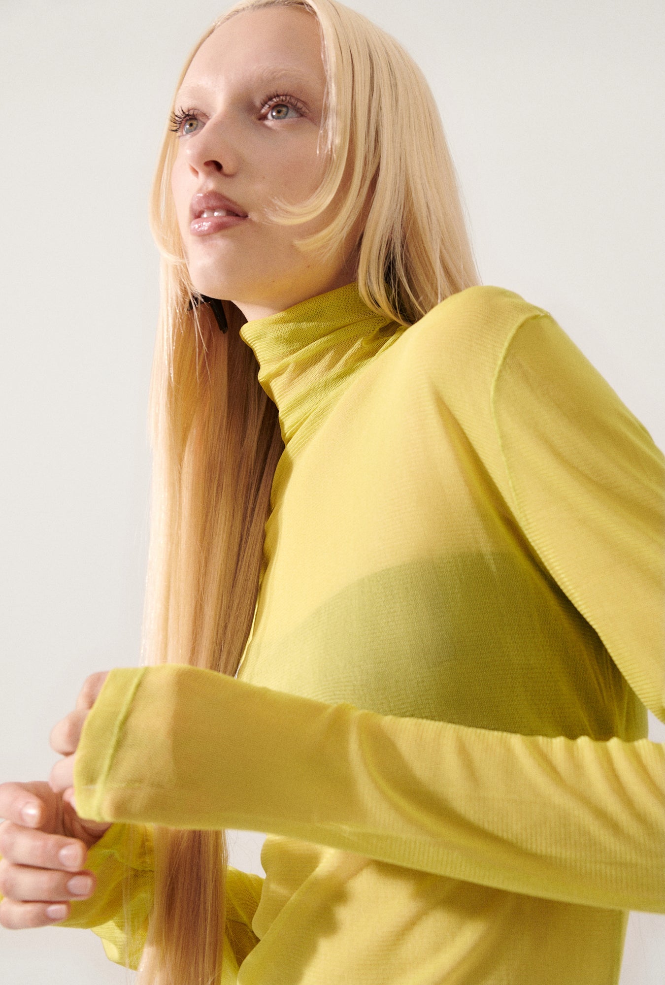 Image of a model wearing Tops. Product name - Silk Mesh Turtleneck Absinthe in Absinthe colour by brand - Silk Laundry