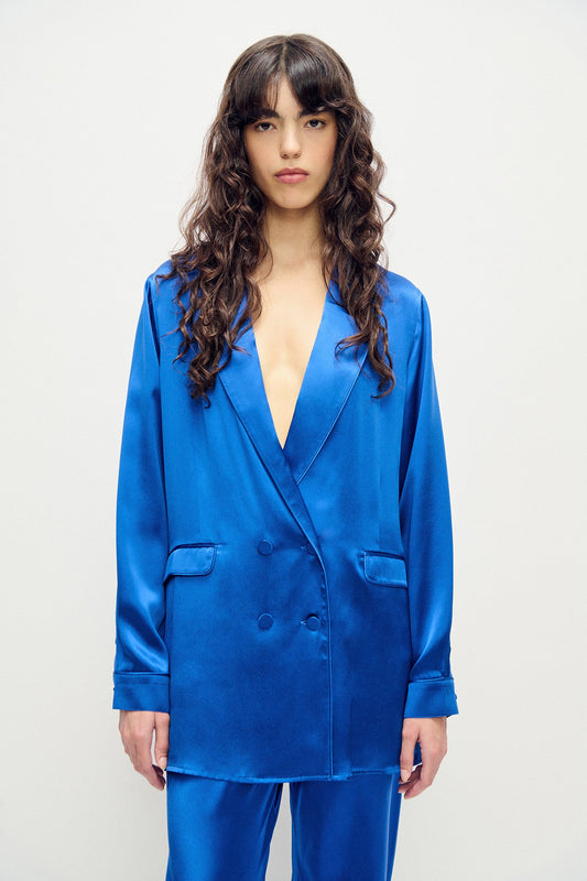 Image of a model wearing Outerwear. Product name - Relaxed Blazer Wedgwood in Wedgwood colour by brand - Silk Laundry