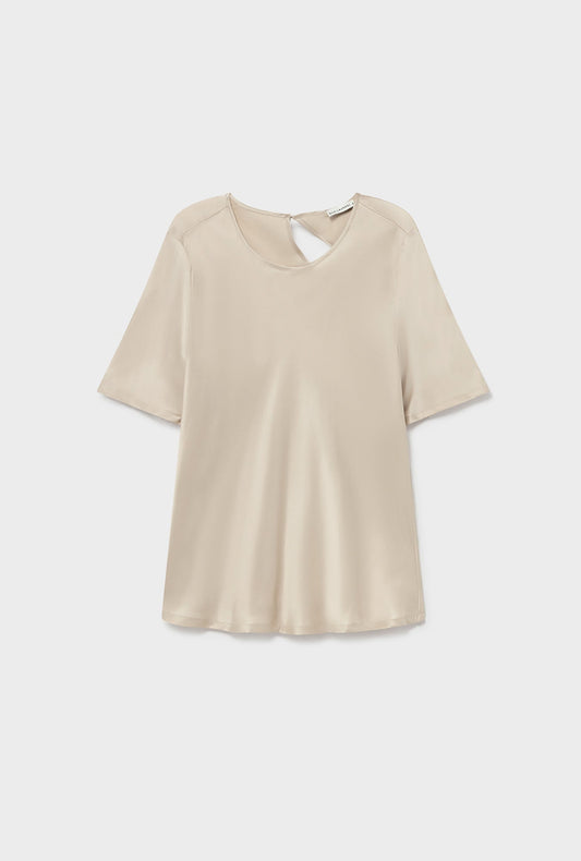 Image of a model wearing Tops. Product name - Short Sleeve Bias Top Hazelnut in Hazelnut colour by brand - Silk Laundry