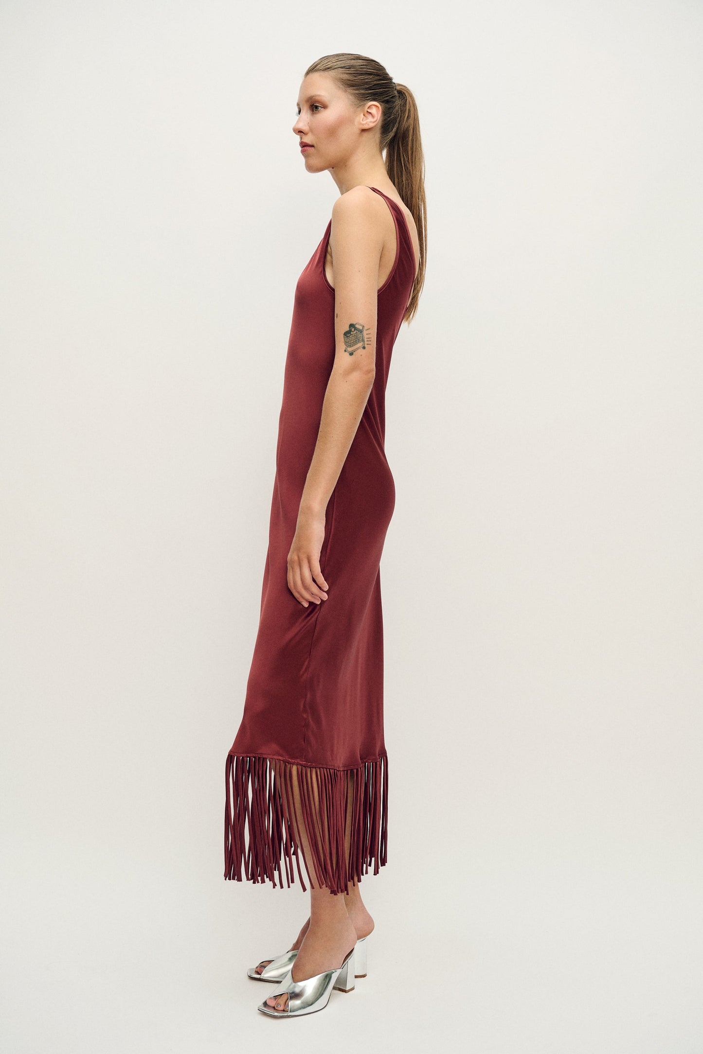 Silk Laundry Fringe Scoop Neck Dress (Canyon)