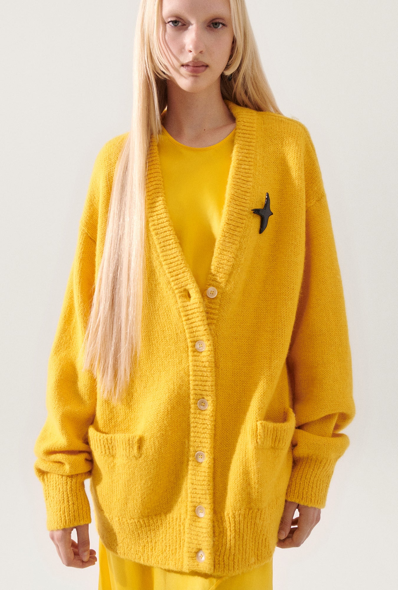 Image of Cardigans. Product name - Alpaca Slouch Cardigan Marigold in Marigold colour by brand - Silk Laundry