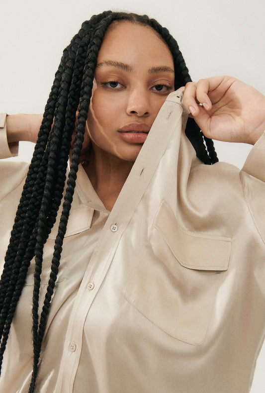 Image of a model wearing Tops. Productname: Silk Laundry BOYFRIEND SHIRT in Hazelnut colour by brand - Silk Laundry