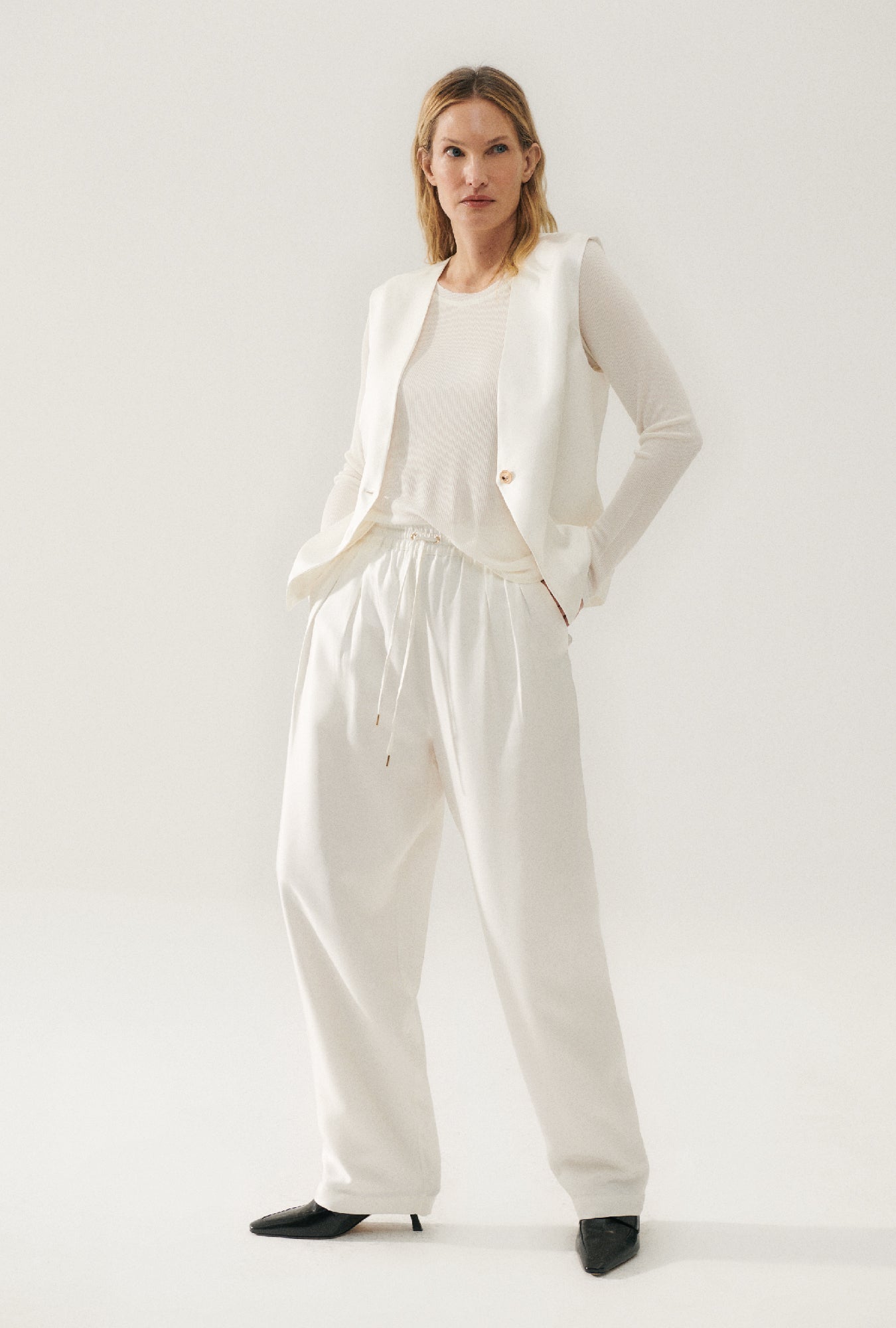 Image of Coats & Jackets. Product name - Twill Slouch Vest White in White colour by brand - Silk Laundry