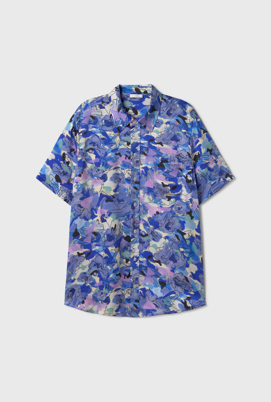 Silk Laundry Short Sleeve Boyfriend Shirt (Cornflower Floral)