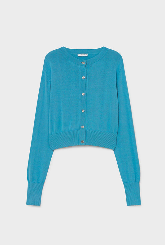 Image of Cardigans. Product name - Cropped Cardigan Lake in Lake colour by brand - Silk Laundry