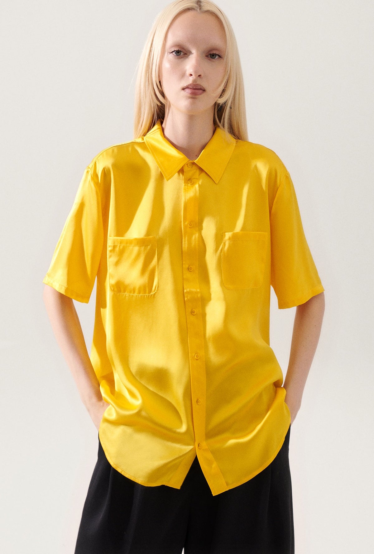 Silk Laundry Short Sleeve Boyfriend Shirt (Marigold)