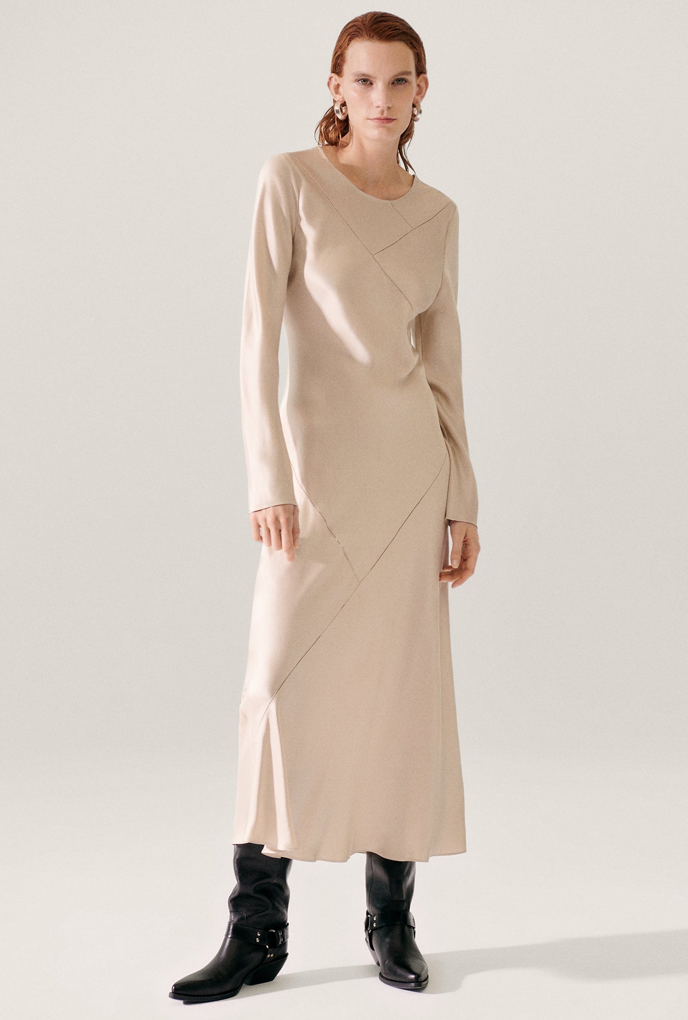 Image of Dresses. Product name - Splice Full Sleeve Bias Dress Hazelnut in Hazelnut colour by brand - Silk Laundry