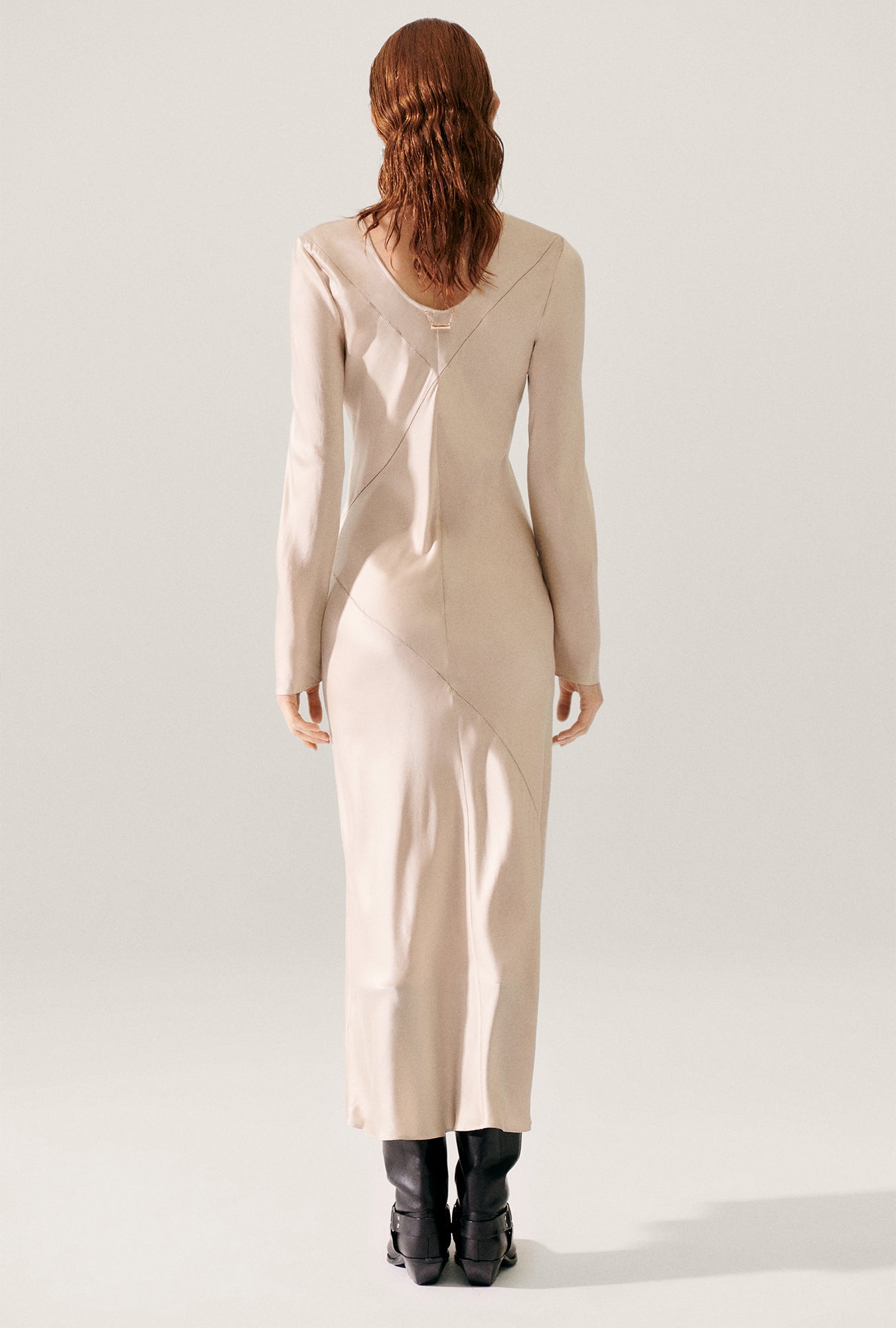 Silk Laundry Splice Full Sleeve Bias Dress (Hazelnut)