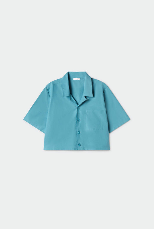 Cotton Silk Cropped Camp Shirt (Lake)