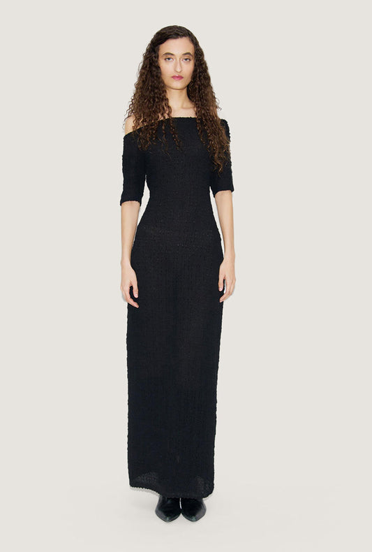 Image of Dresses. Product name - Pebble Off The Shoulder Dress Black in Black colour by brand - Silk Laundry