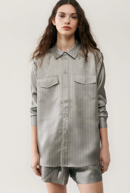 Image of Shirts. Product name - Twill Boyfriend Shirt Moon Pinstripe in Moon Pinstripe colour by brand - Silk Laundry