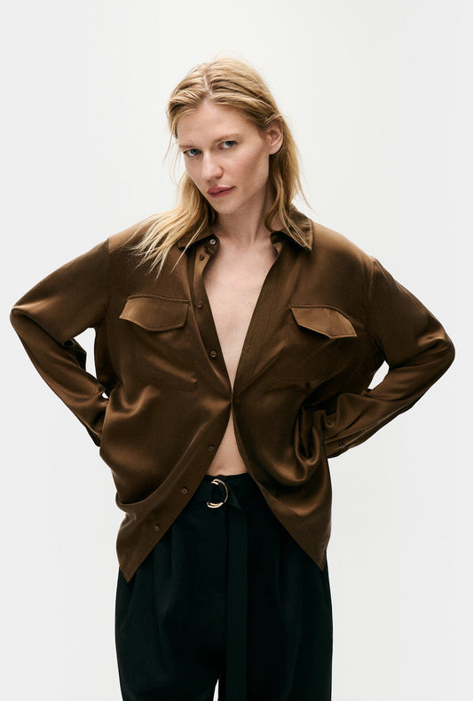 Image of Shirts. Product name - Boyfriend Shirt Dark Earth in Dark Earth colour by brand - Silk Laundry