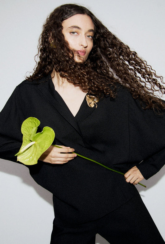 Image of Shirts. Product name - Wool Silk Crossover Shirt Black in Black colour by brand - Silk Laundry