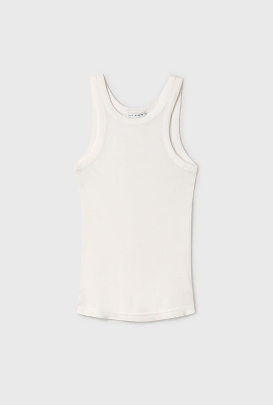 Image of a model wearing Tops. Productname: Jersey Tank White in White colour by brand - Silk Laundry