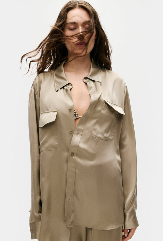 Image of a model wearing Tops. Productname: Silk Laundry Boyfriend Shirt in Graphite colour by brand - Silk Laundry