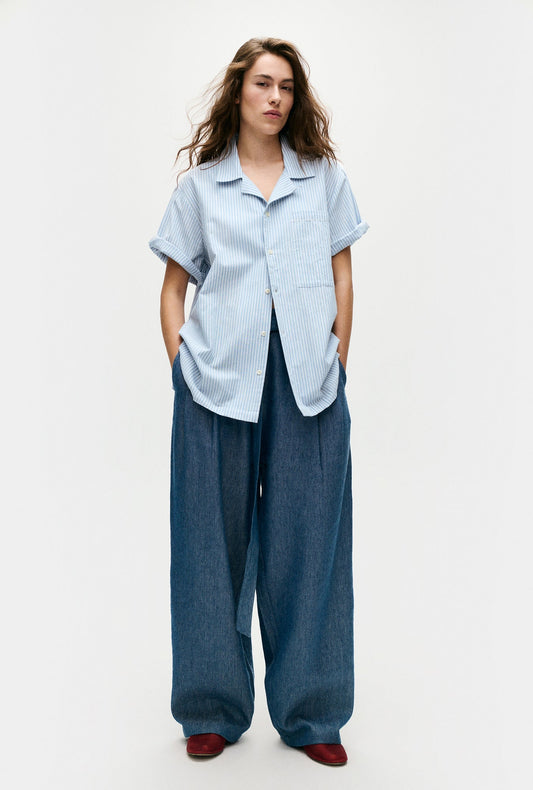 Image of a model wearing Tops. Productname: Silk Laundry COTTON CAMP SHIRT in Storm Stripe colour by brand - Silk Laundry