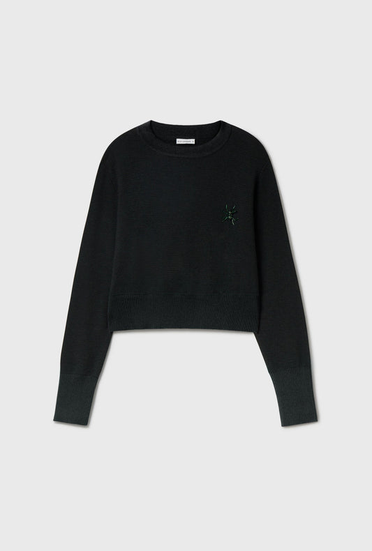 Image of a model wearing Outerwear. Product name - Wool Cropped Crewneck Black in Black colour by brand - Silk Laundry