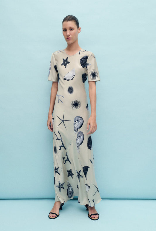 Image of a model wearing Tops. Productname: Silk Laundry Short Sleeve Bias Dress in Seashells colour by brand - Silk Laundry