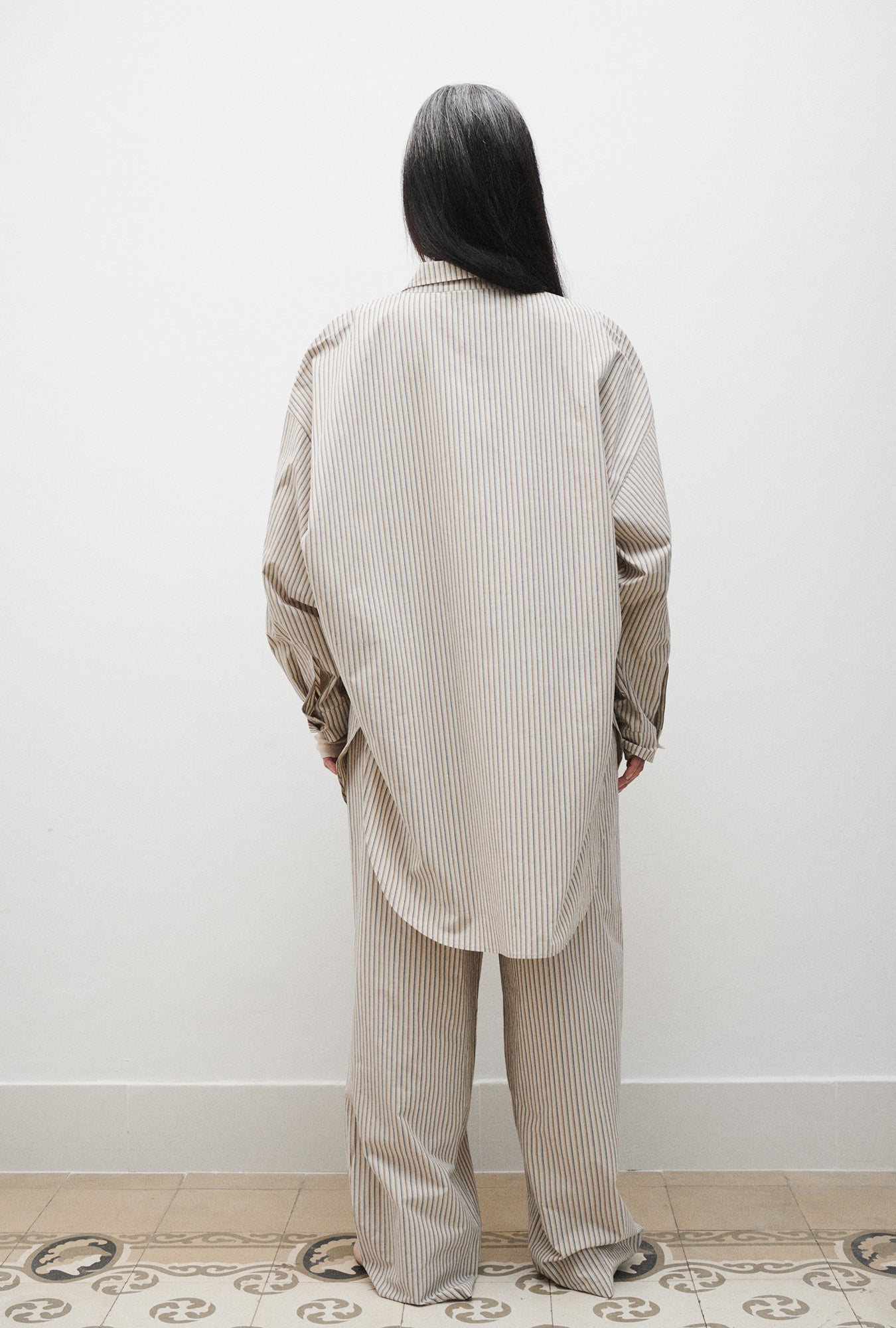 Silk Laundry Cotton Round Shirt (Slate Stripe)
