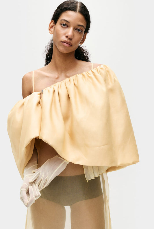 Image of a model wearing Outerwear. Productname: Silk Laundry Organza Cape in Beige colour by brand - Silk Laundry