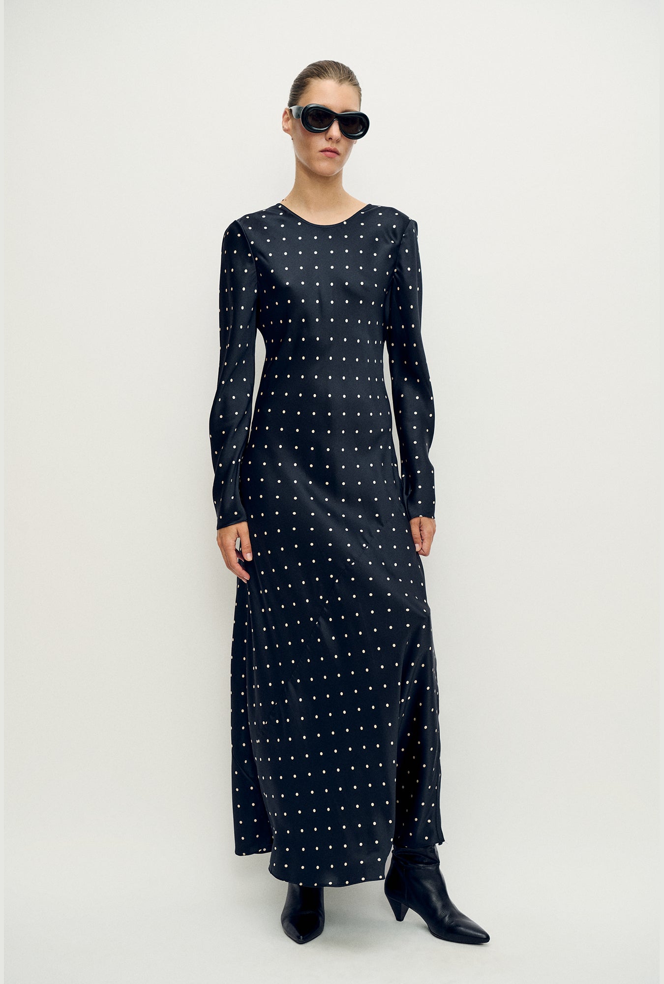 Image of Dresses. Product name - Full Sleeve Bias Dress Small Polka Dot in Small Polka Dot colour by brand - Silk Laundry