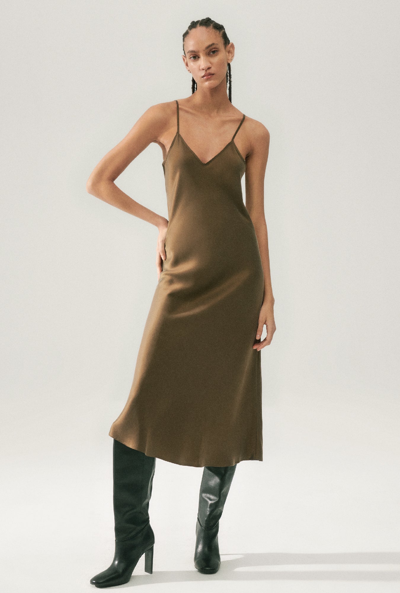 Image of Dresses. Product name - 90s Slip Dress Dark Earth in Dark Earth colour by brand - Silk Laundry