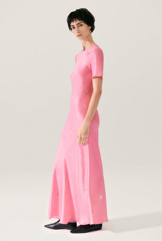 Image of a model wearing Tops. Productname: Short Sleeve Bias Dress Hog Wash in Hog Wash colour by brand - Silk Laundry