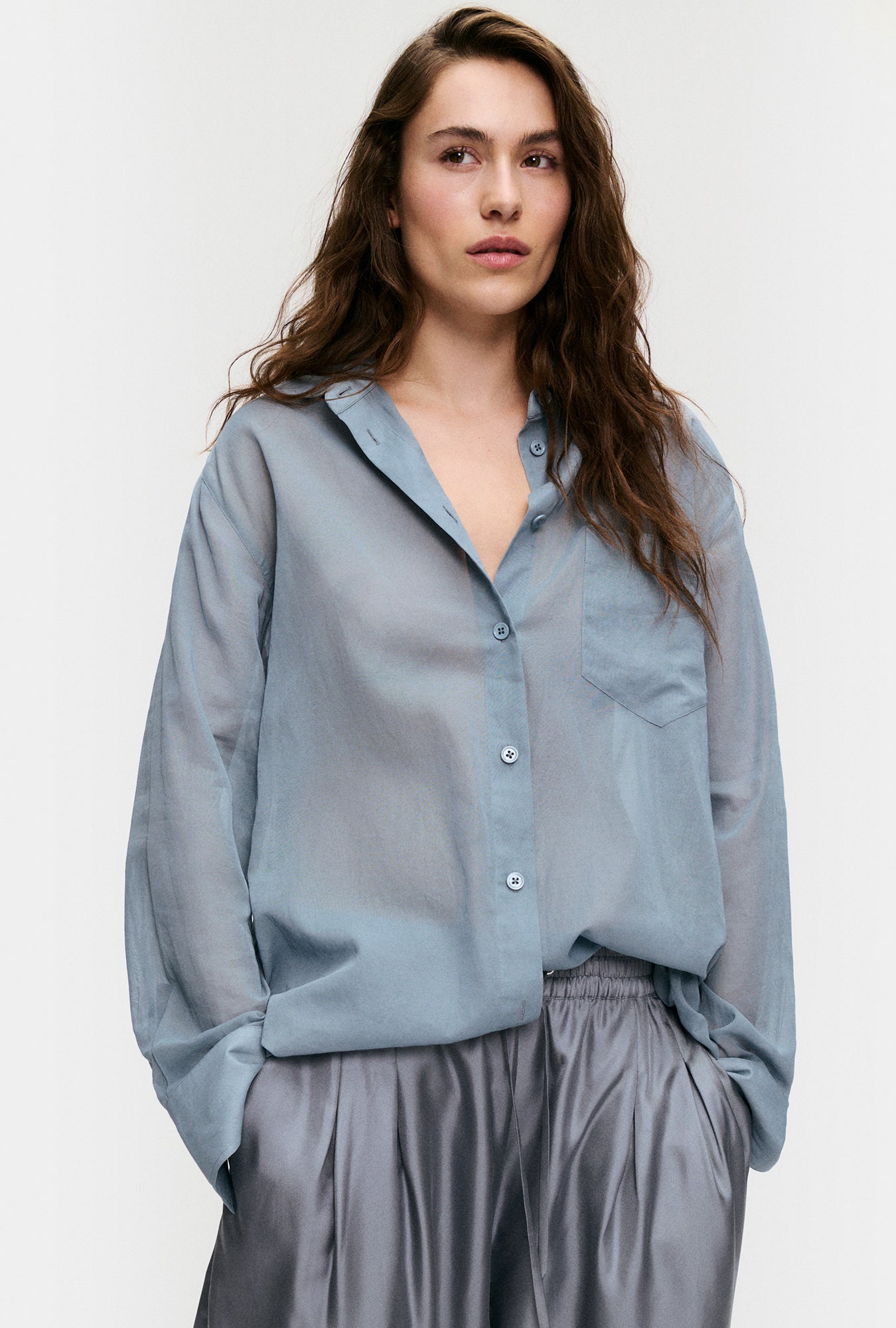 Silk Laundry Sheer Cotton Pleated Yoke Shirt (Storm)