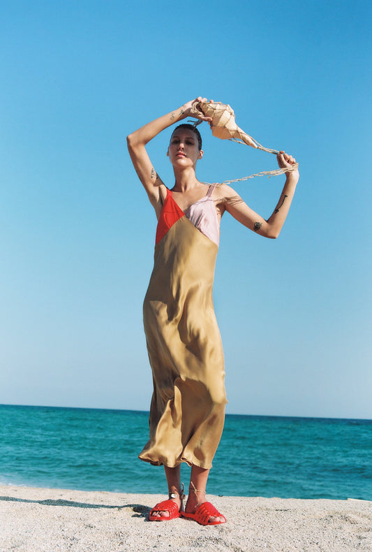 Image of Dresses. Product name - Deco Ruched Dress Snapper in Snapper colour by brand - Silk Laundry